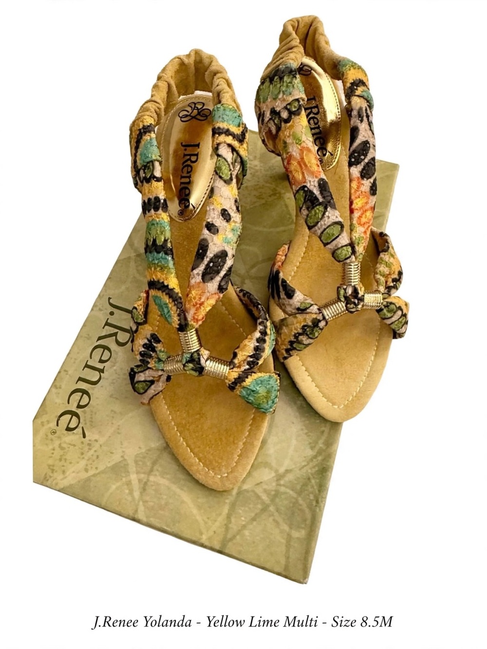 J.Renee Women's Sandals Heels Yolanda Yellow Lime Multi Eyelet Fabric Dressy NWT